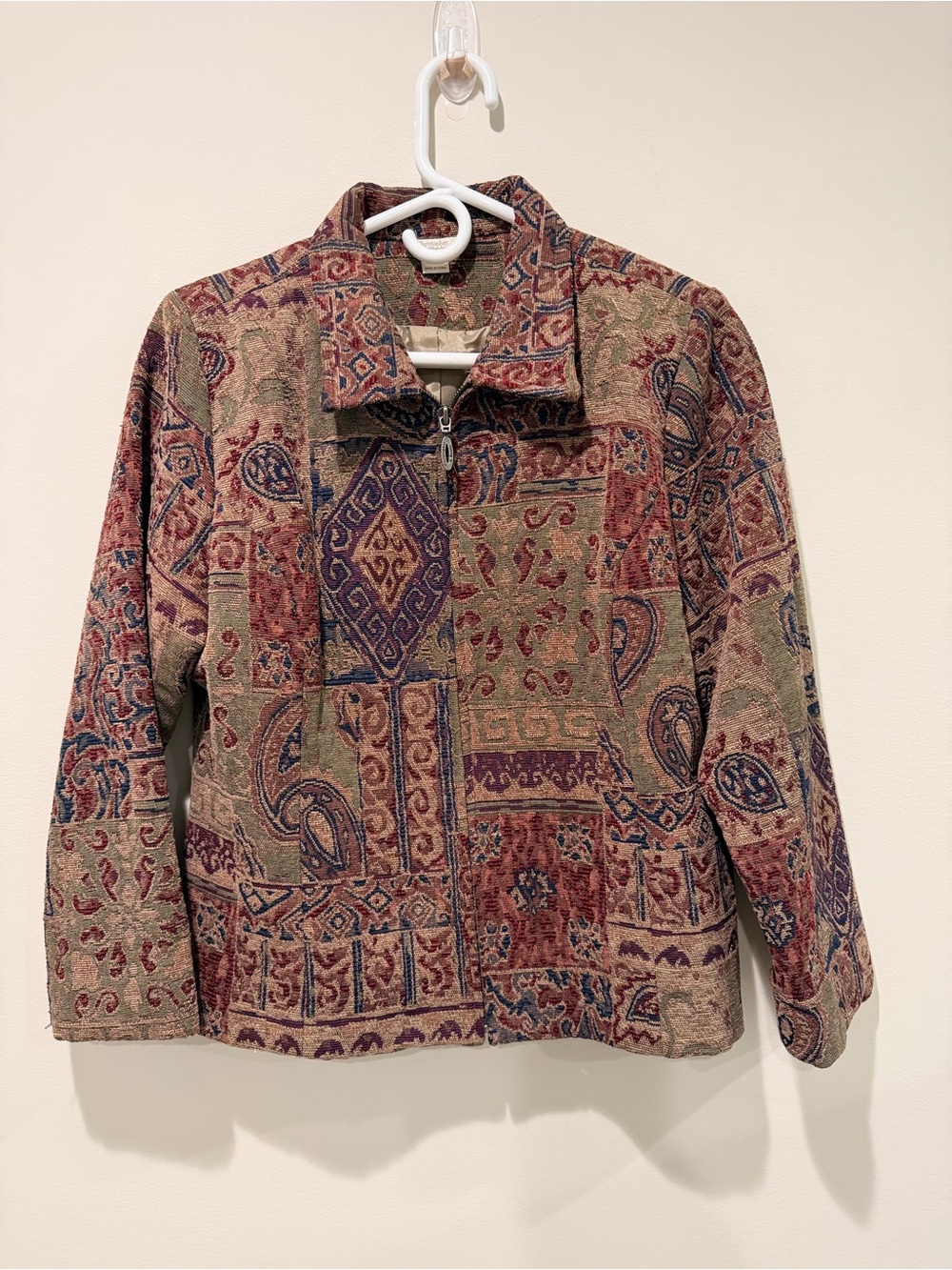 Christopher & Banks Tapestry Zip-Front Jacket in Olive, Burgundy & Navy Large